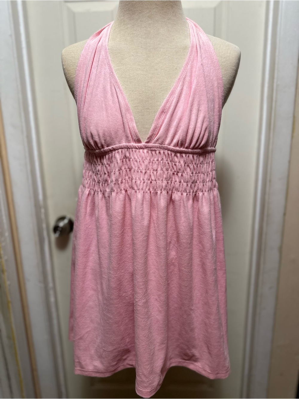 Baby Phat Vintage Y2K Pink Terry Cloth Smocked Halter Dress Swim Cover Up XL